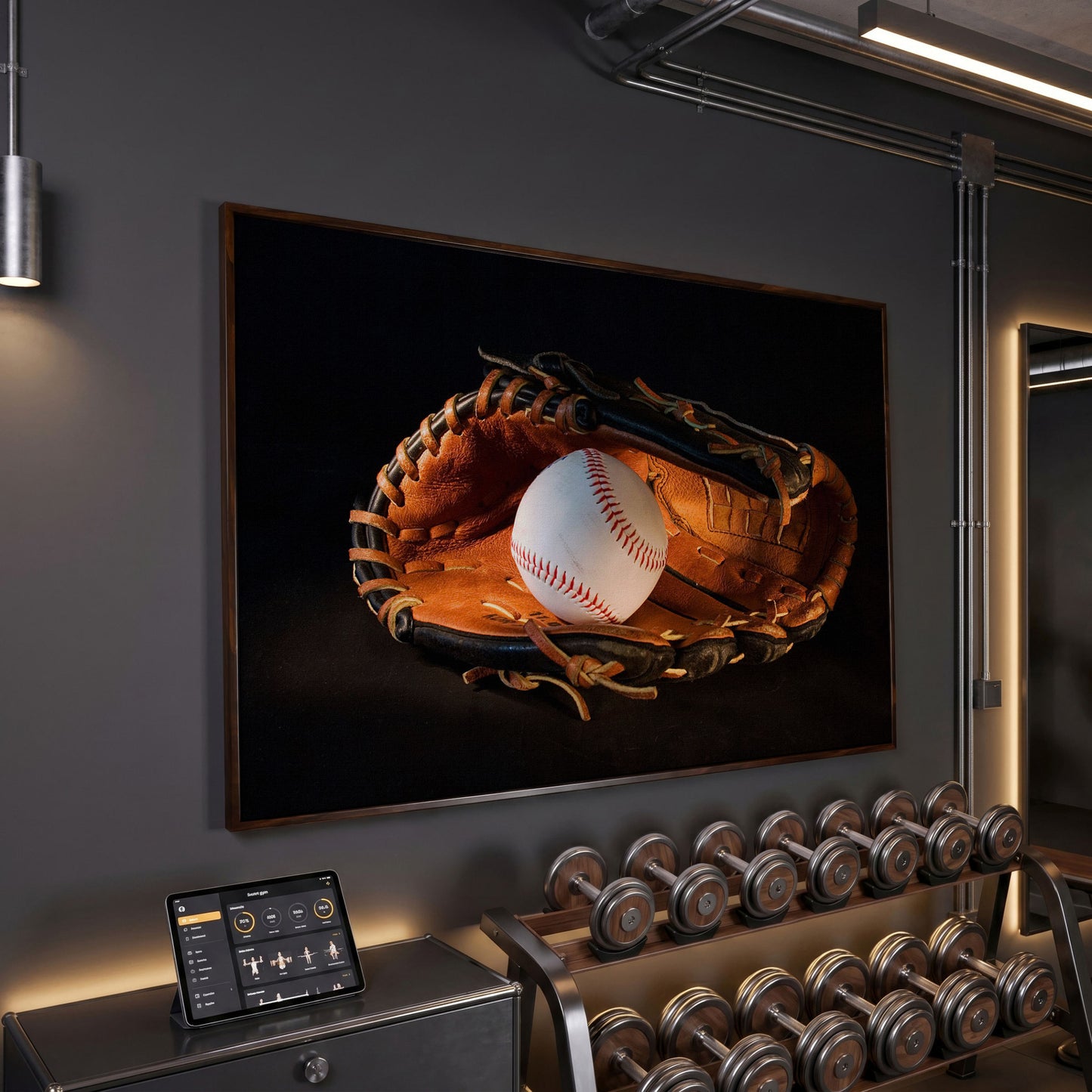 Baseball and Glove Canvas Wall Art for Sports Rooms in dark walnut floating frame