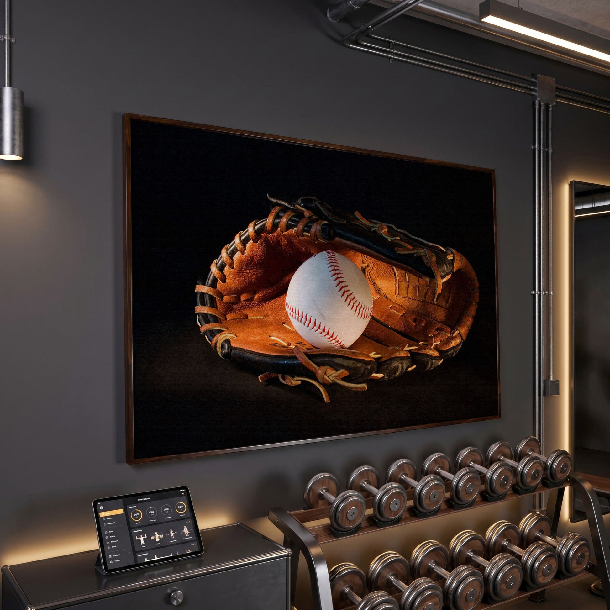 Baseball and Glove Canvas Wall Art for Sports Rooms in dark walnut floating frame