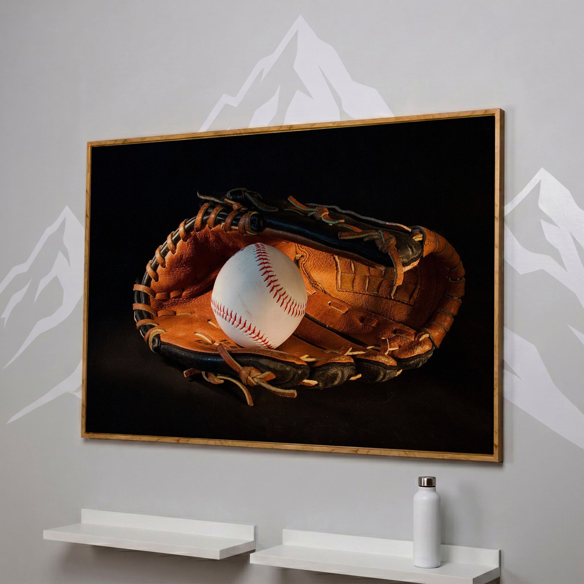 Baseball and Glove Canvas Wall Art for Sports Rooms in white oak floating frame