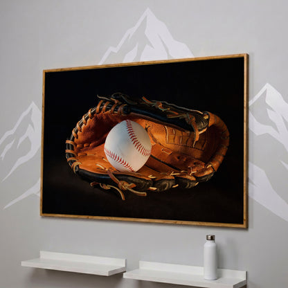 Baseball and Glove Canvas Wall Art for Sports Rooms in white oak floating frame