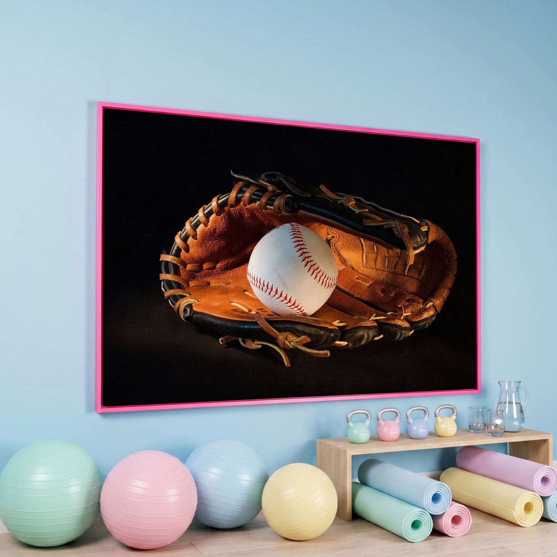 Baseball and Glove Canvas Wall Art for Sports Rooms in pink floating frame