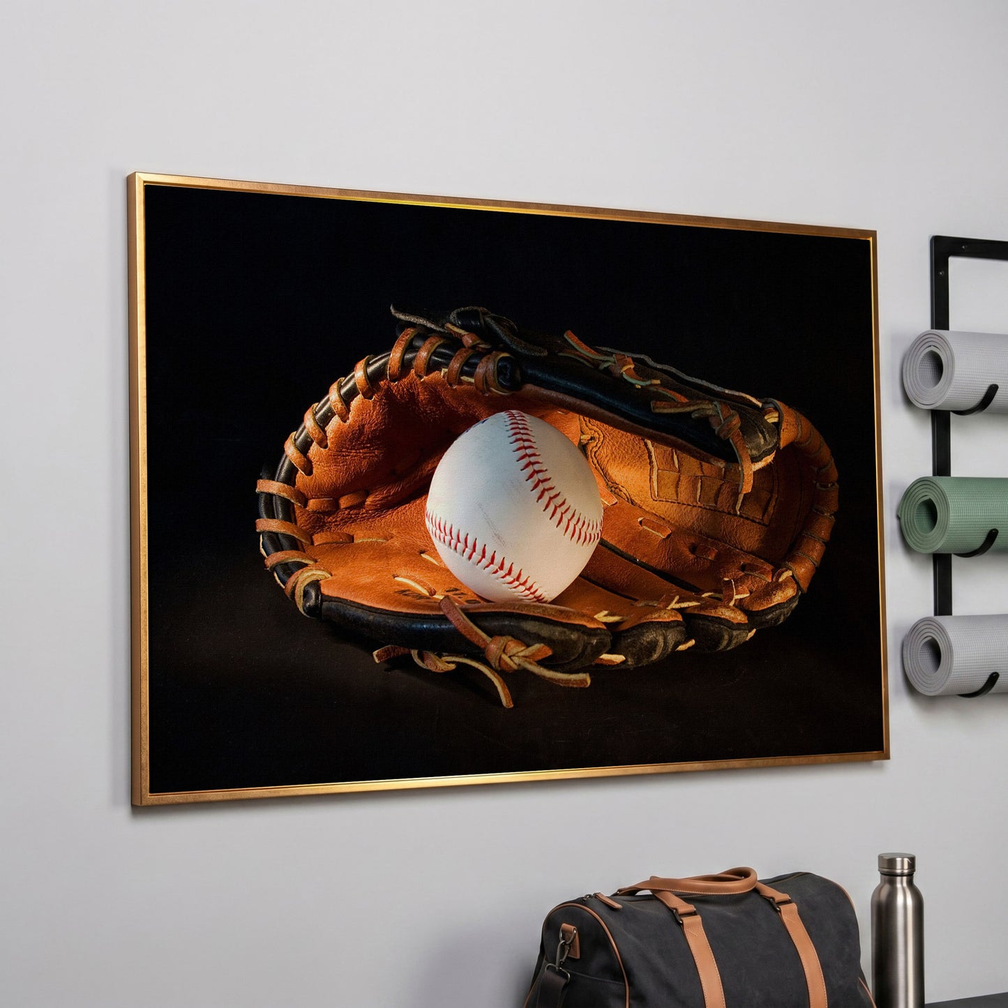 Baseball and Glove Canvas Wall Art for Sports Rooms in rose gold floating frame