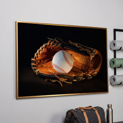 Baseball and Glove Canvas Wall Art for Sports Rooms in rose gold floating frame