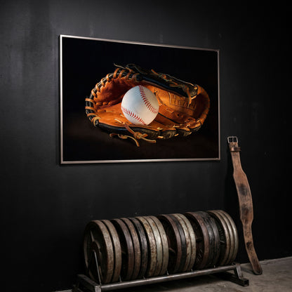Baseball and Glove Canvas Wall Art for Sports Rooms in silver floating frame