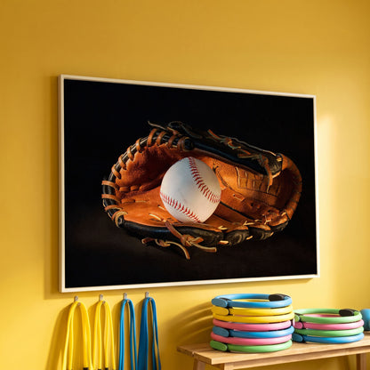 Baseball and Glove Canvas Wall Art for Sports Rooms in white floating frame