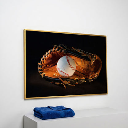 Baseball and Glove Canvas Wall Art for Sports Rooms in yellow gold floating frame