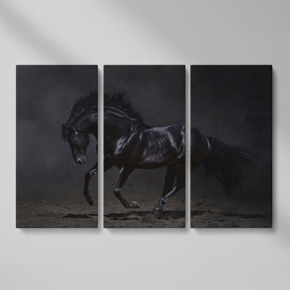 Black Horse in Motion: Large Canvas Wall Art for Equestrian Spaces as 3-panel split version