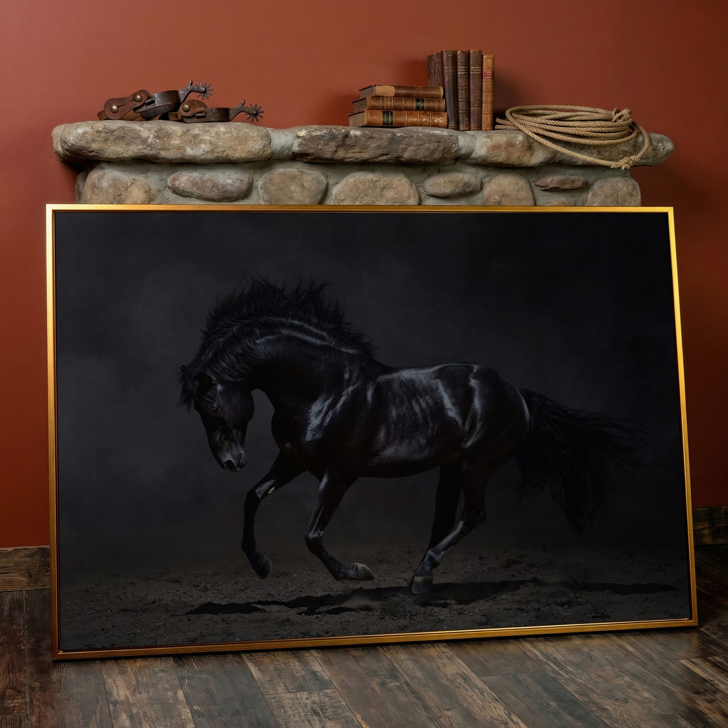 Black Horse in Motion: Large Canvas Wall Art for Equestrian Spaces in antique gold floating frame