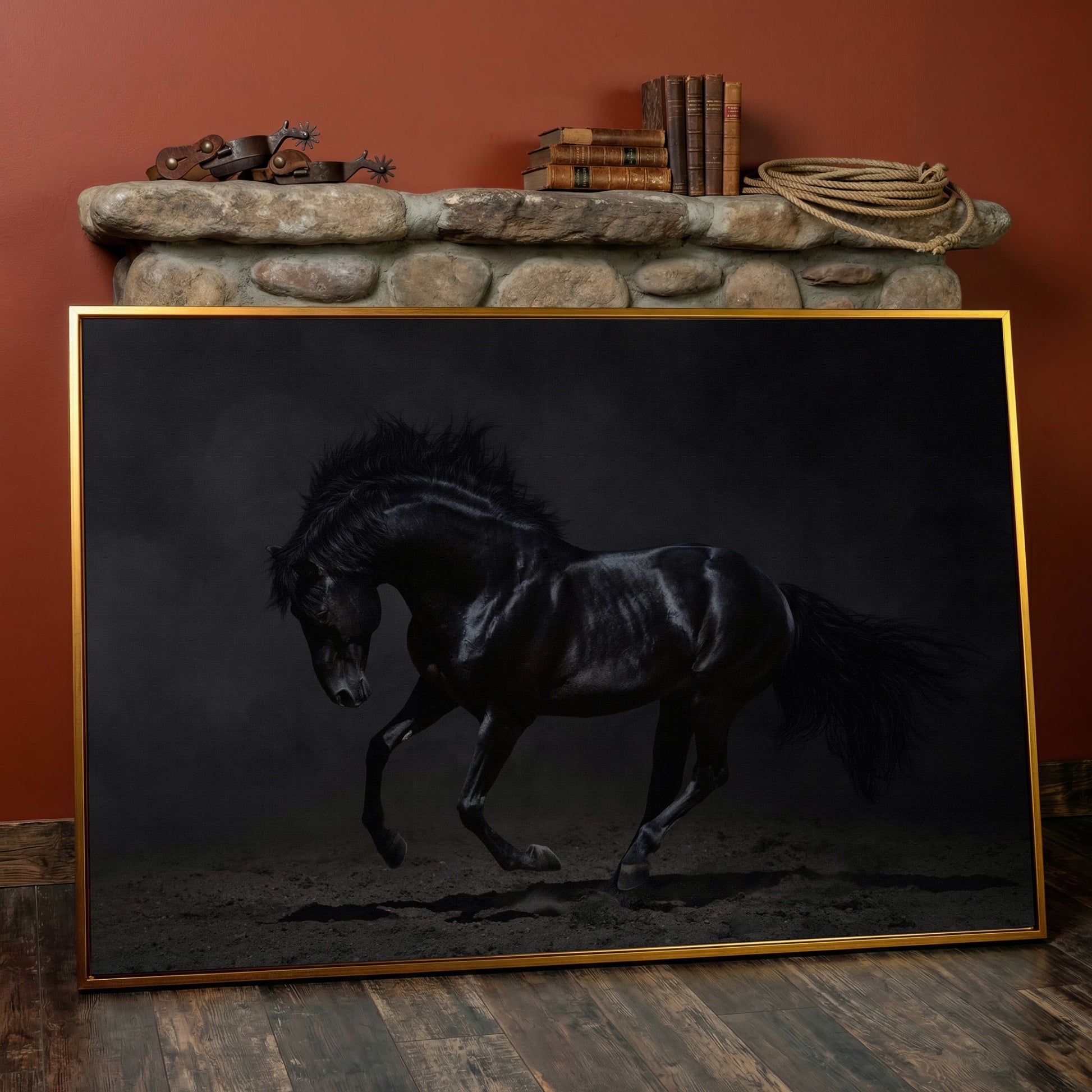 Black Horse in Motion: Large Canvas Wall Art for Equestrian Spaces in antique gold floating frame