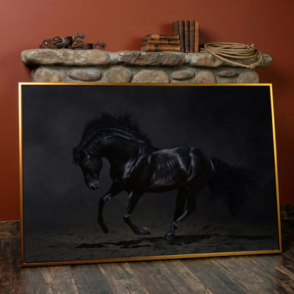 Black Horse in Motion: Large Canvas Wall Art for Equestrian Spaces in antique gold floating frame