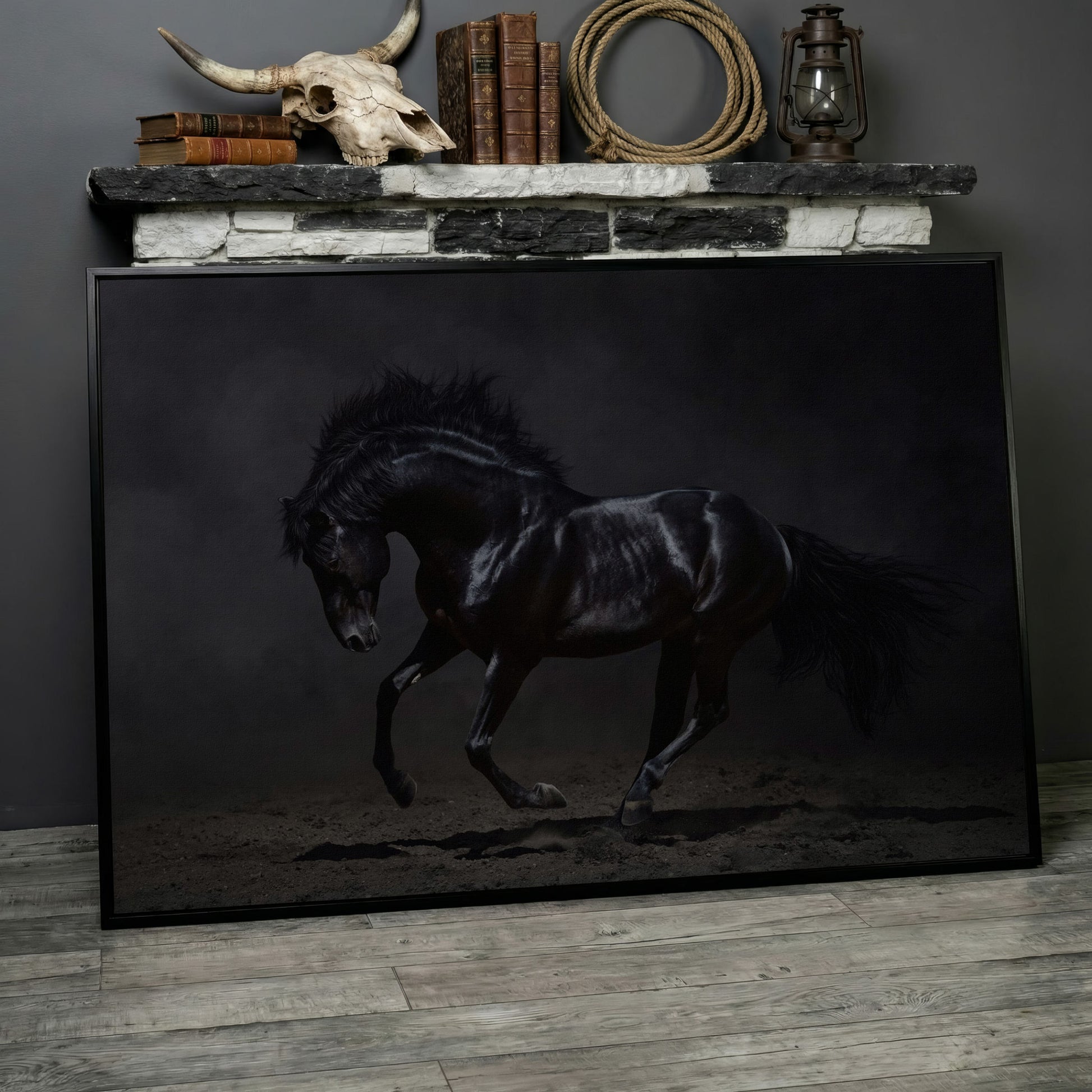 Black Horse in Motion: Large Canvas Wall Art for Equestrian Spaces in black floating frame