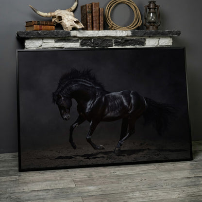 Black Horse in Motion: Large Canvas Wall Art for Equestrian Spaces in black floating frame