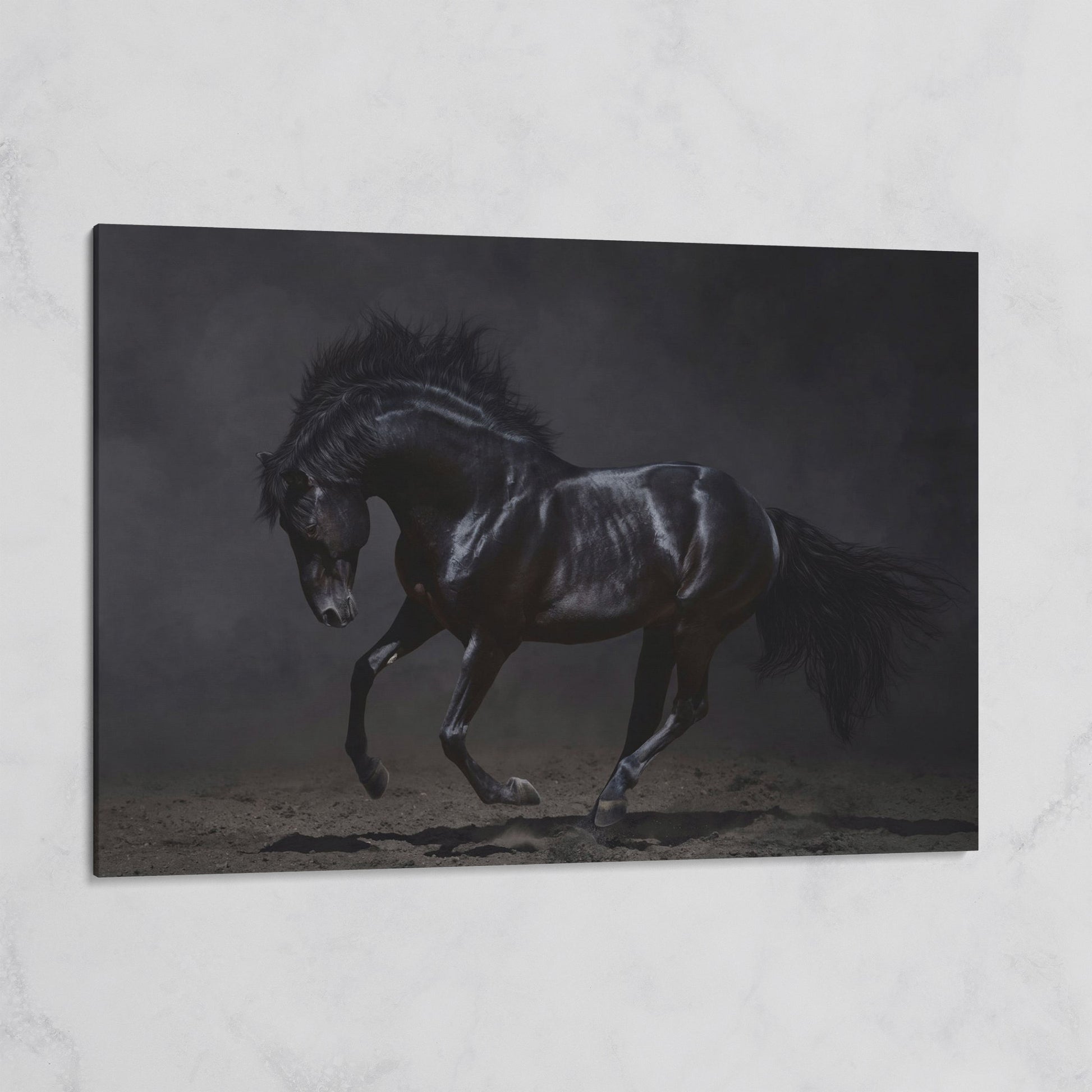 Black Horse in Motion: Large Canvas Wall Art for Equestrian Spaces on gallery wrap