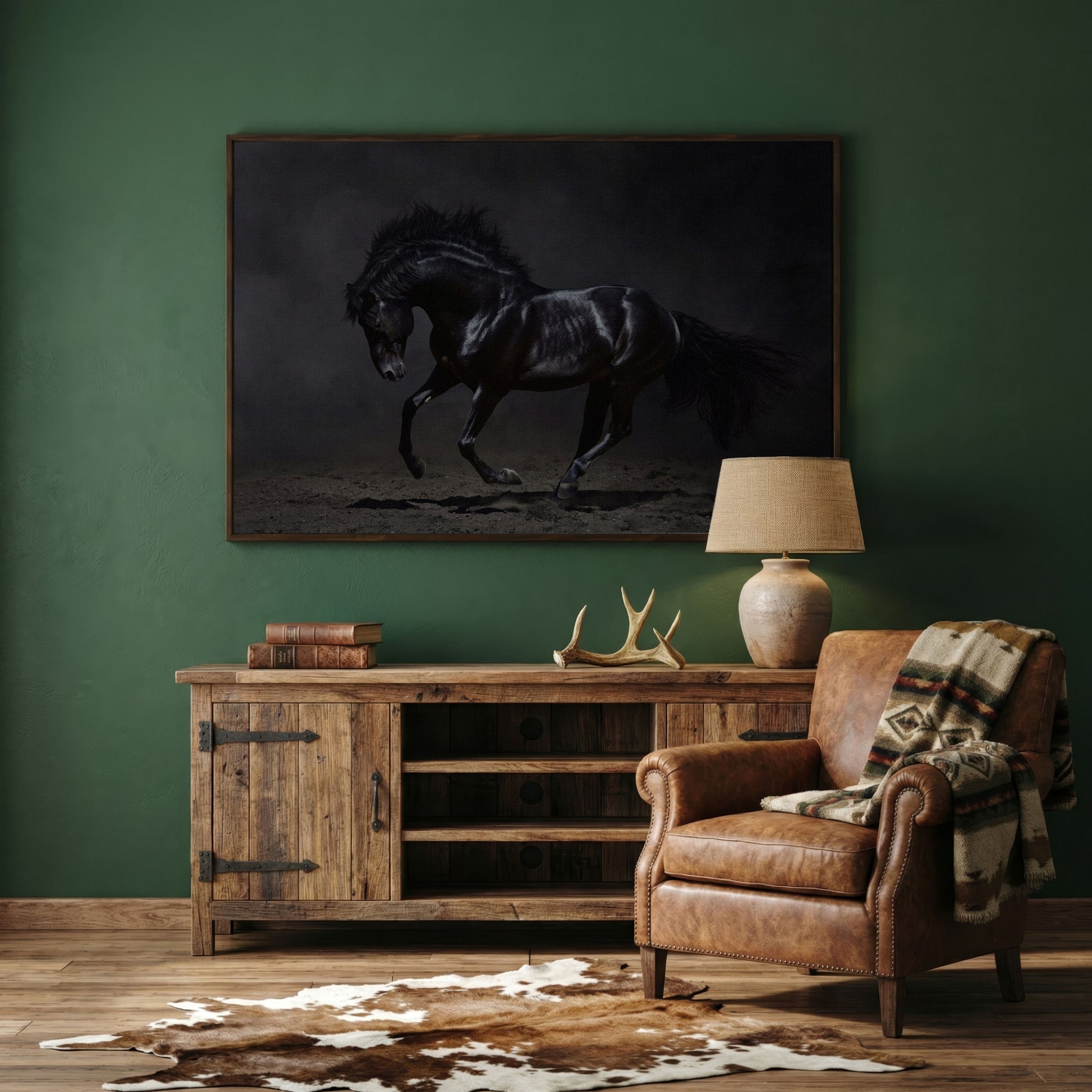 Black Horse in Motion: Large Canvas Wall Art for Equestrian Spaces in dark walnut floating frame