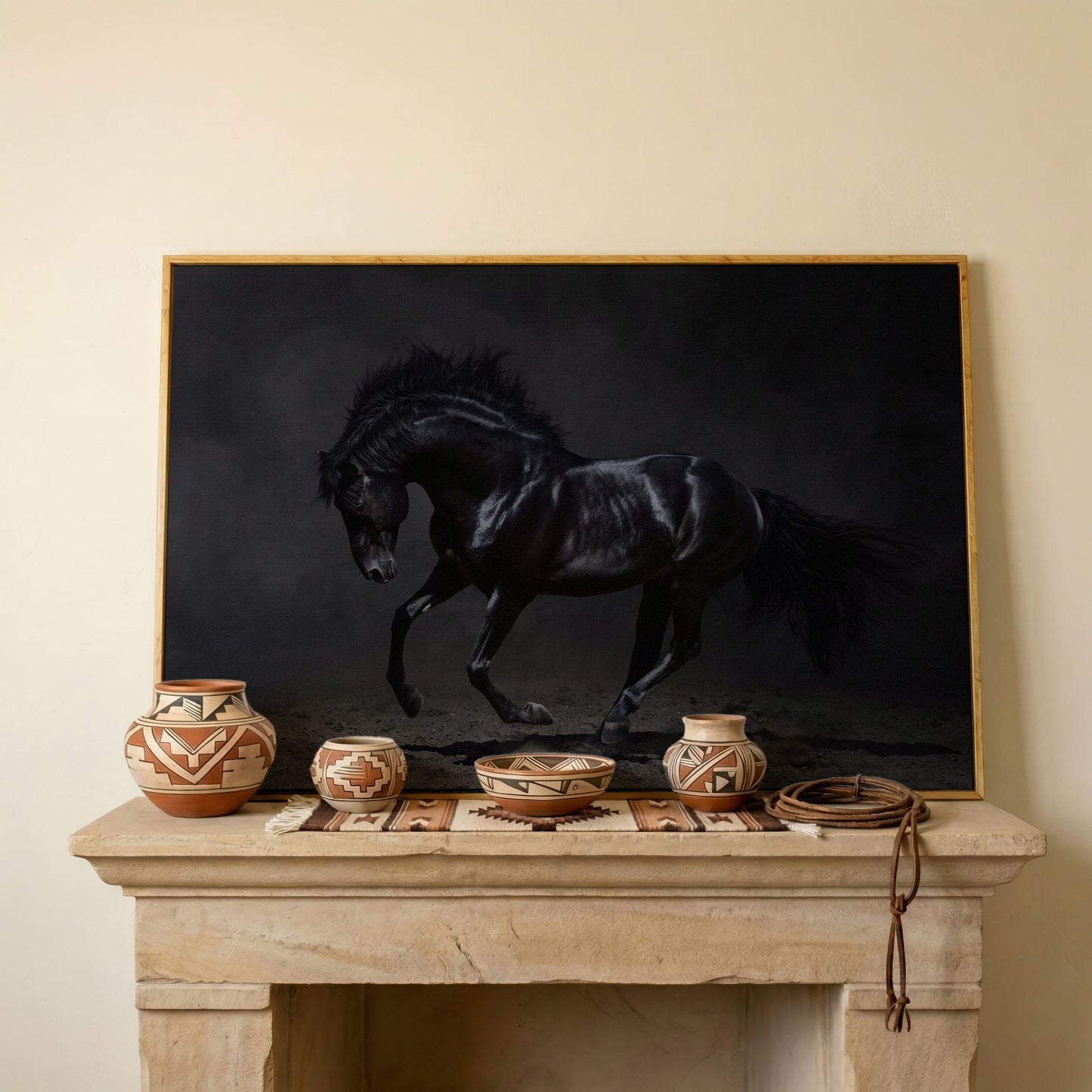 Black Horse in Motion: Large Canvas Wall Art for Equestrian Spaces in white oak floating frame