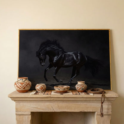 Black Horse in Motion: Large Canvas Wall Art for Equestrian Spaces in white oak floating frame