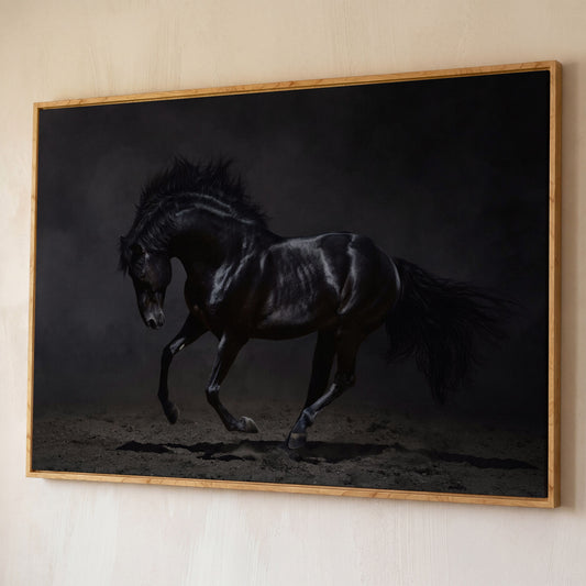 Black Horse in Motion: Large Canvas Wall Art for Equestrian Spaces shown in white oak floating frame