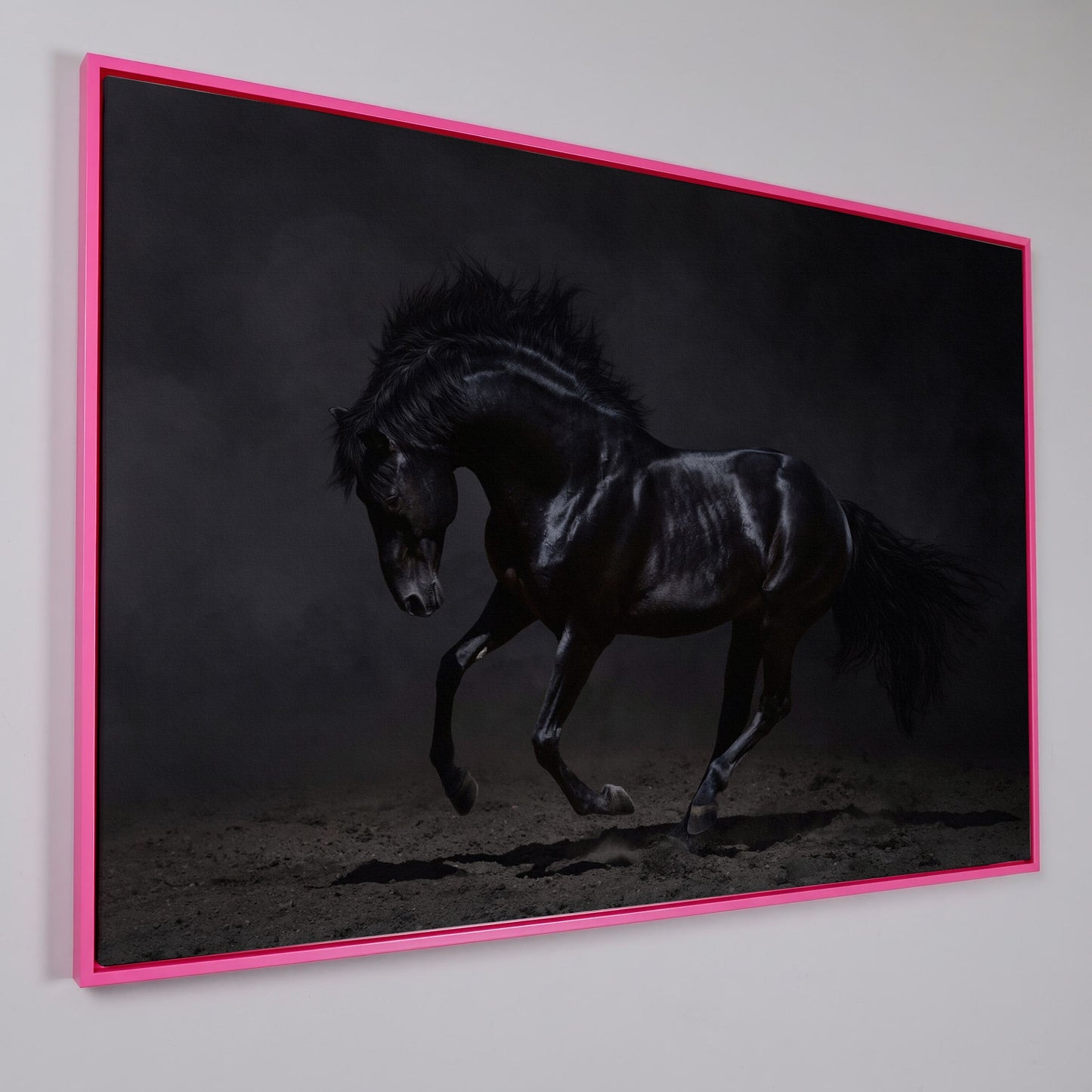 Black Horse in Motion: Large Canvas Wall Art for Equestrian Spaces in pink floating frame