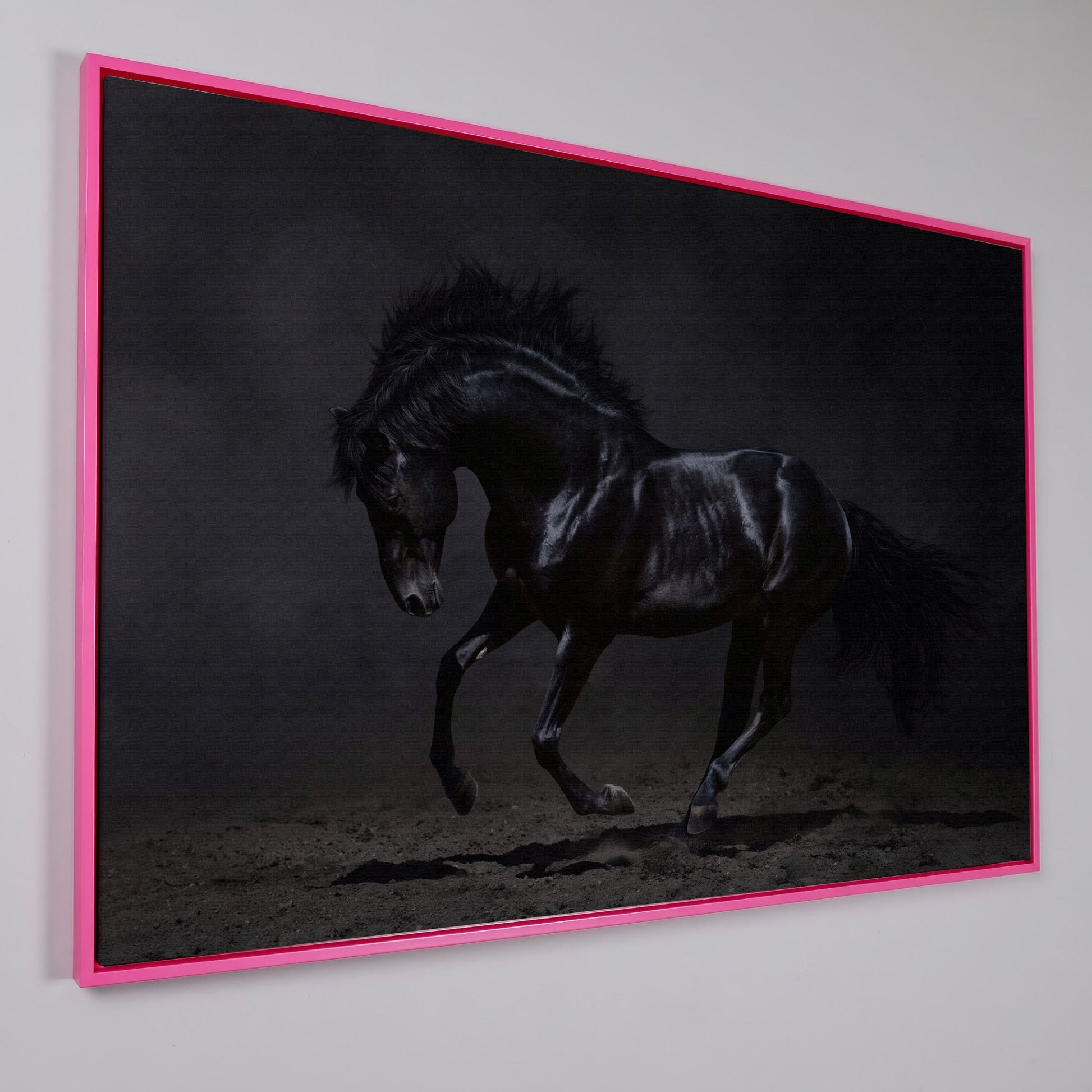 Black Horse in Motion: Large Canvas Wall Art for Equestrian Spaces in pink floating frame