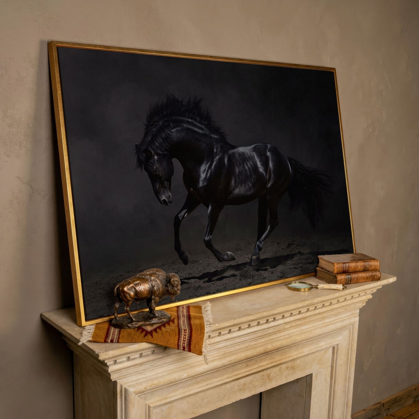 Black Horse in Motion: Large Canvas Wall Art for Equestrian Spaces in rose gold floating frame
