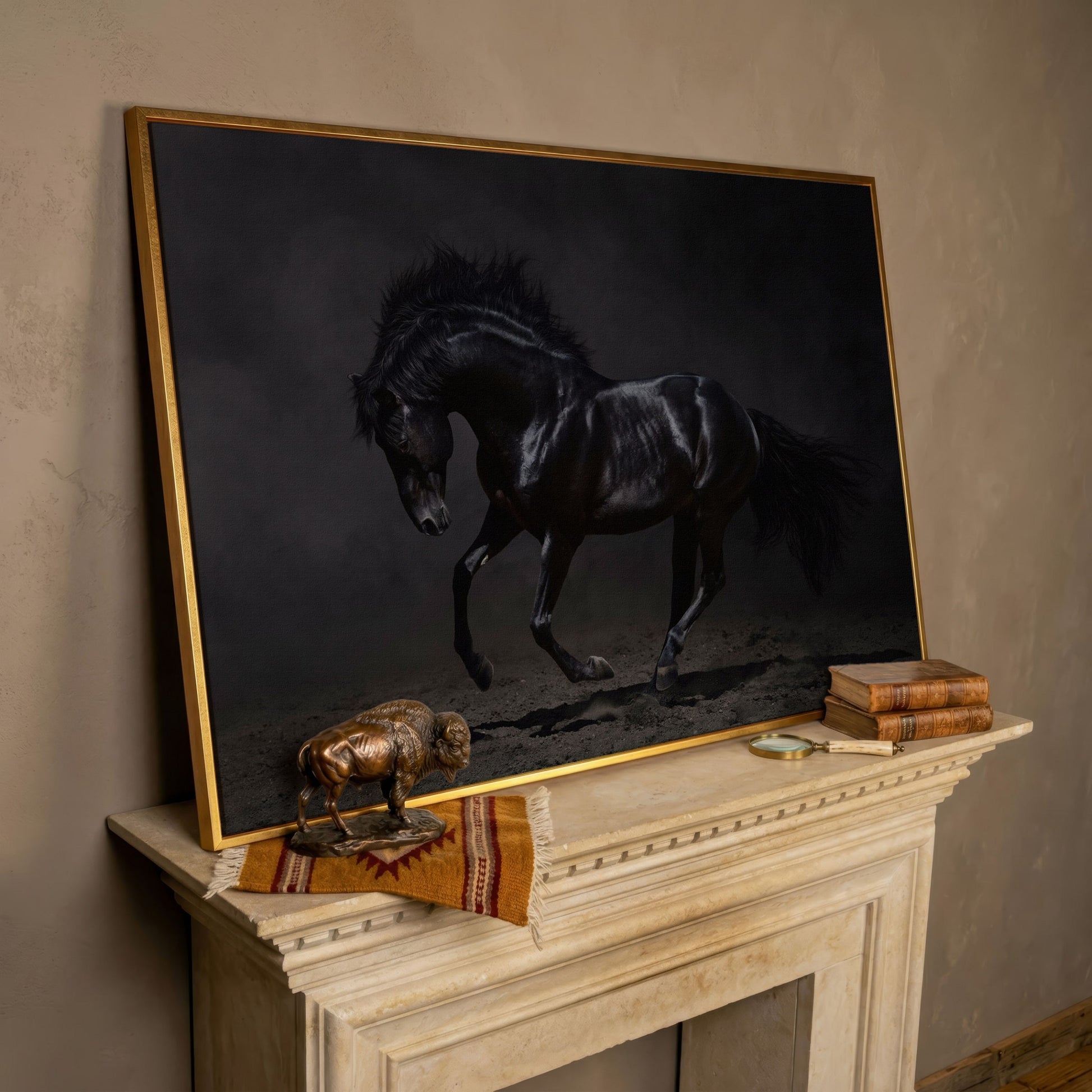 Black Horse in Motion: Large Canvas Wall Art for Equestrian Spaces in rose gold floating frame