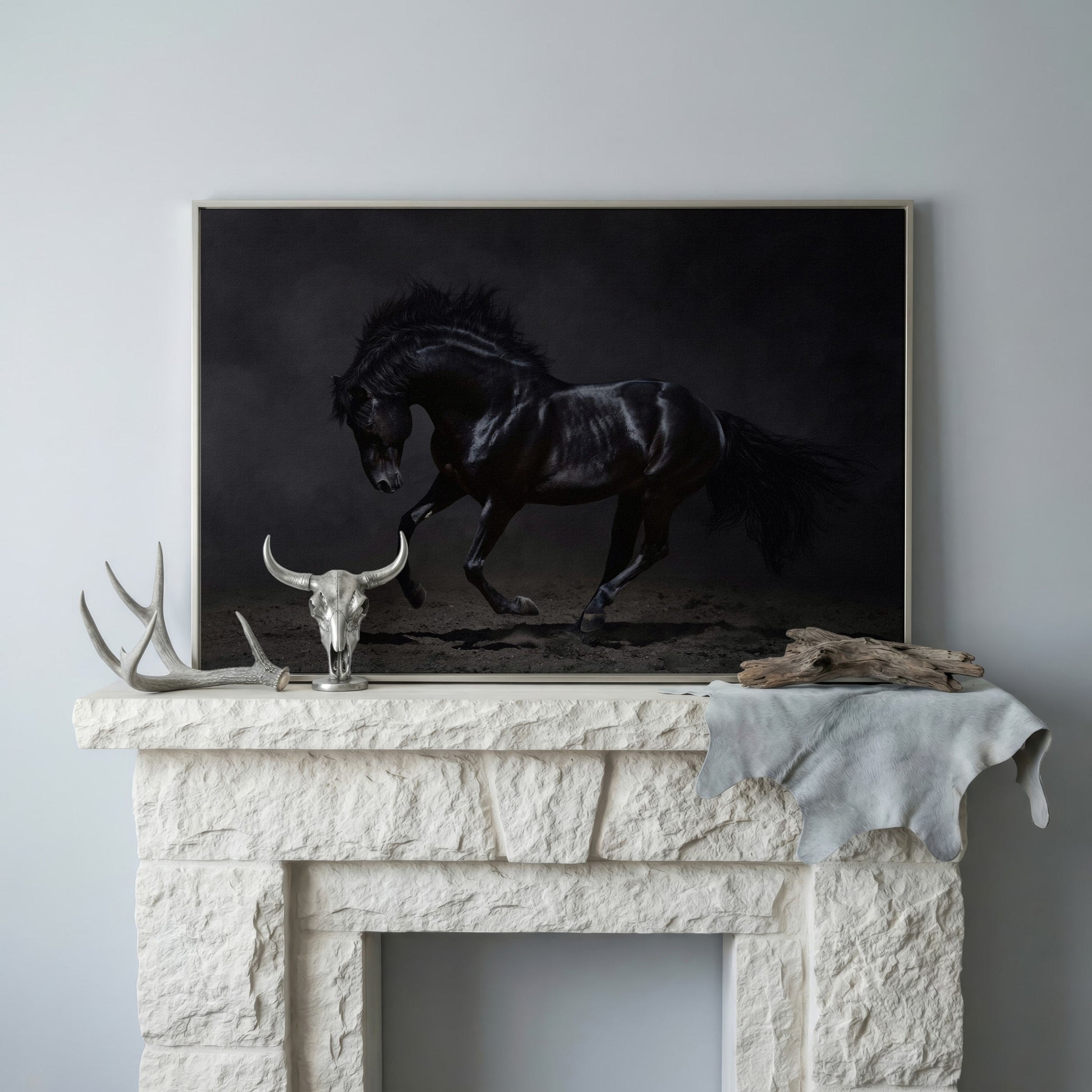 Black Horse in Motion: Large Canvas Wall Art for Equestrian Spaces in silver floating frame