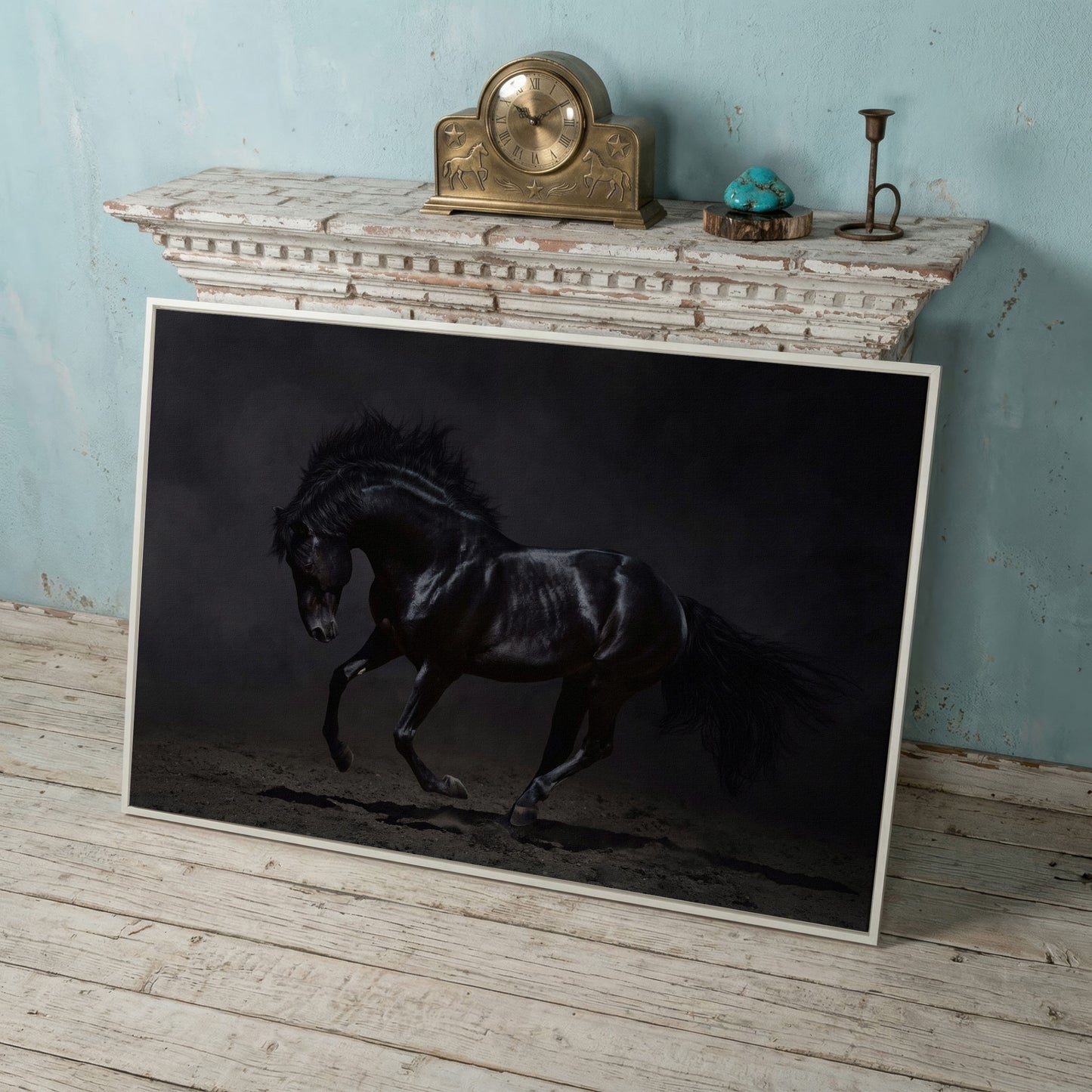 Black Horse in Motion: Large Canvas Wall Art for Equestrian Spaces in white floating frame