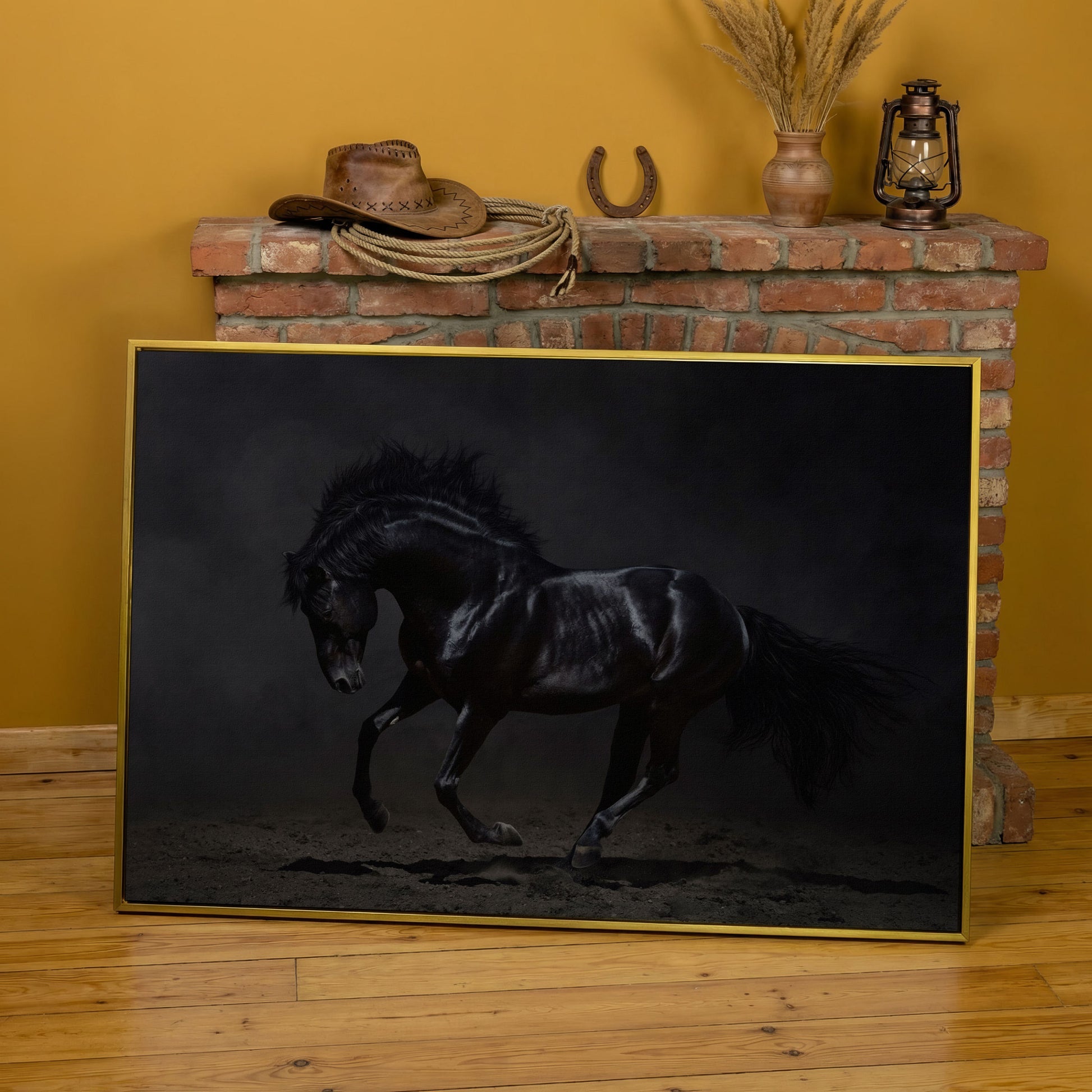 Black Horse in Motion: Large Canvas Wall Art for Equestrian Spaces in yellow gold floating frame