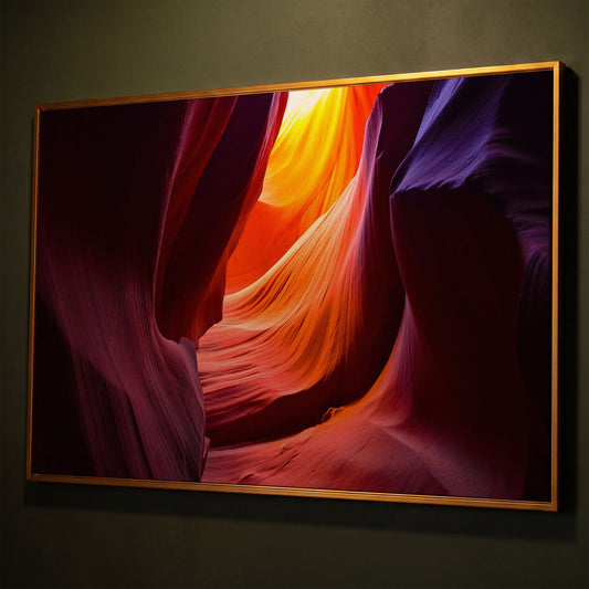Antelope Canyon Canvas Art, Arizona Sandstone Light shown in antique gold floating frame