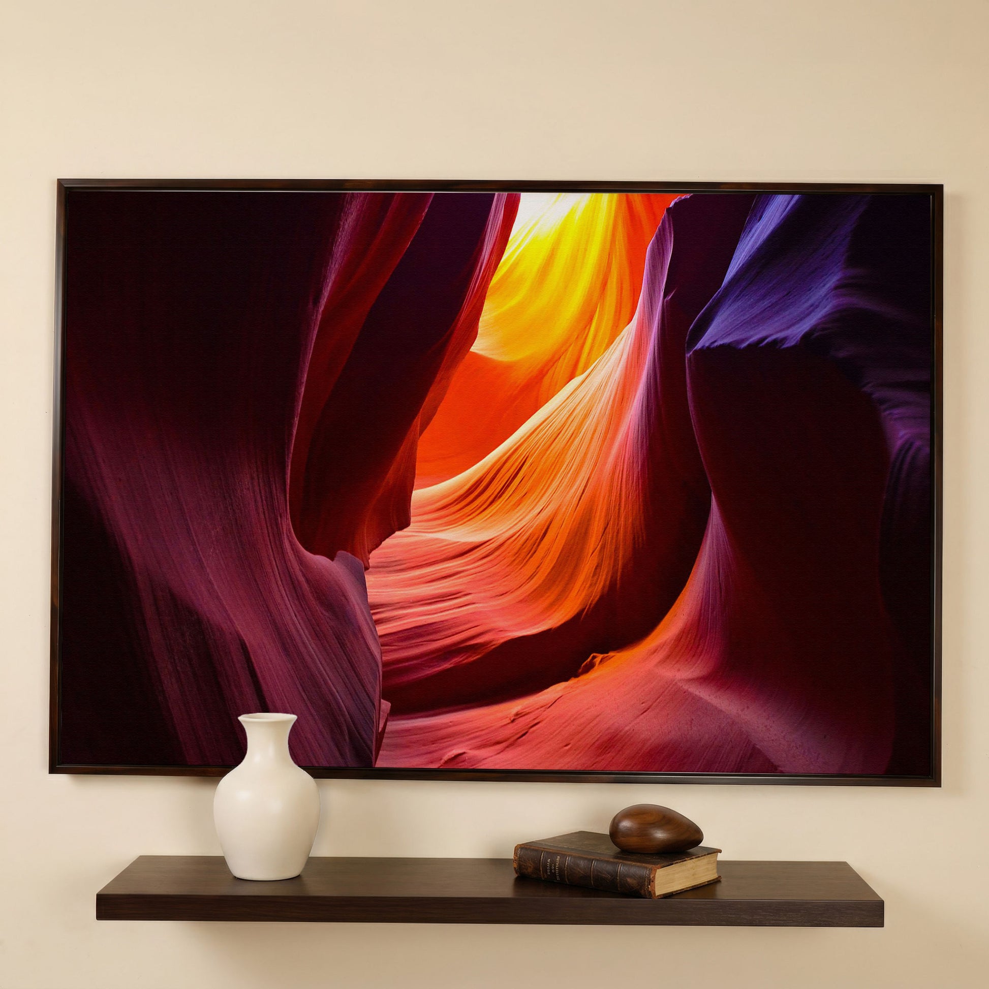 Antelope Canyon Canvas Art, Arizona Sandstone Light in dark walnut floating frame