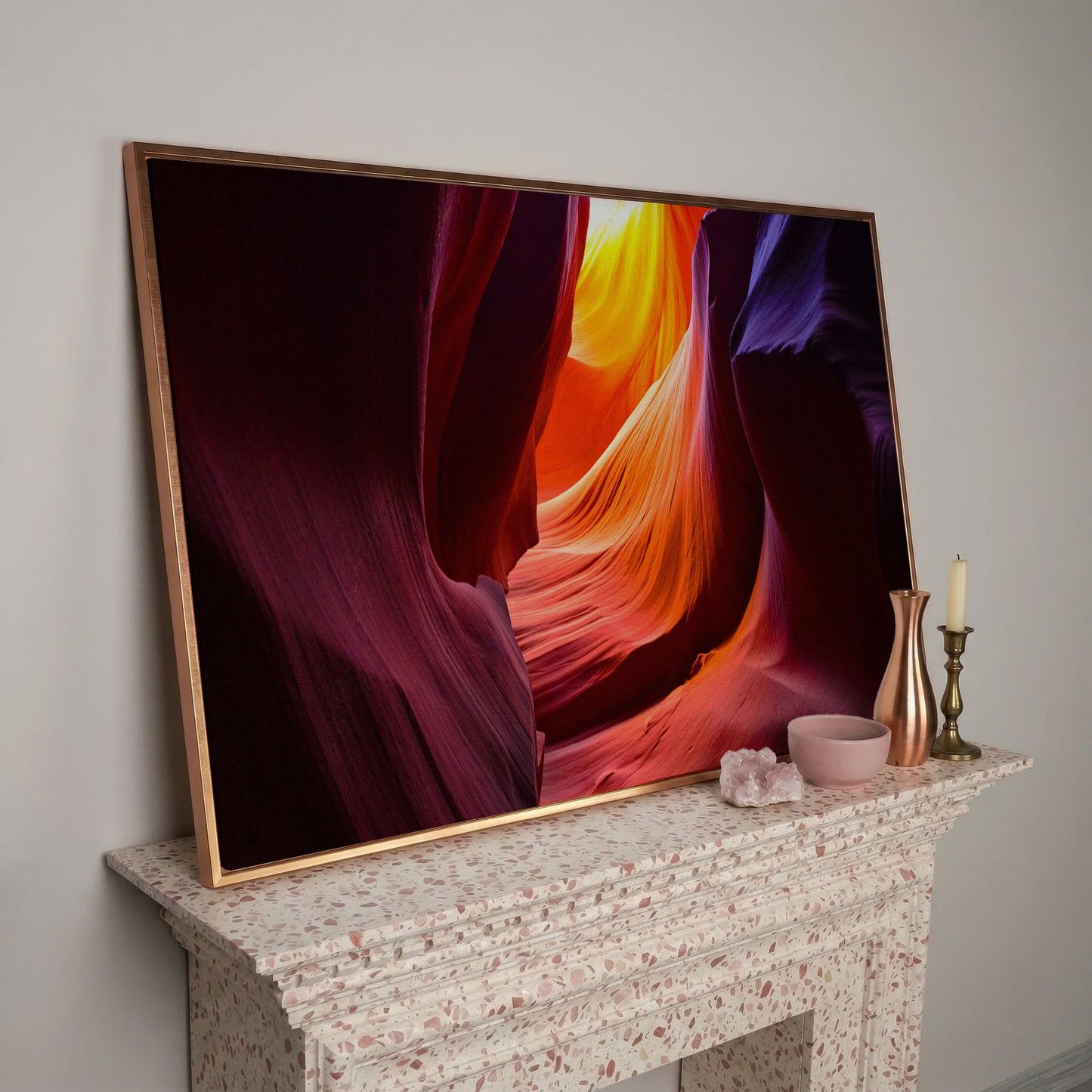 Antelope Canyon Canvas Art, Arizona Sandstone Light in rose gold floating frame