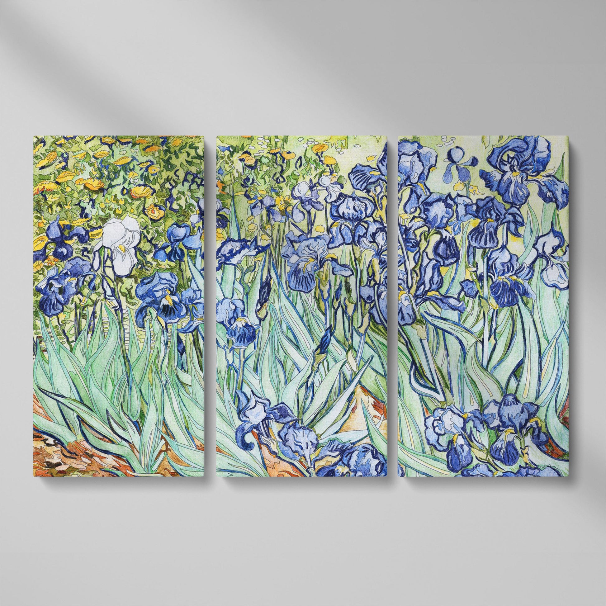 Van Gogh Irises Canvas Wall Art. Wildflower Field Print as 3-panel split version