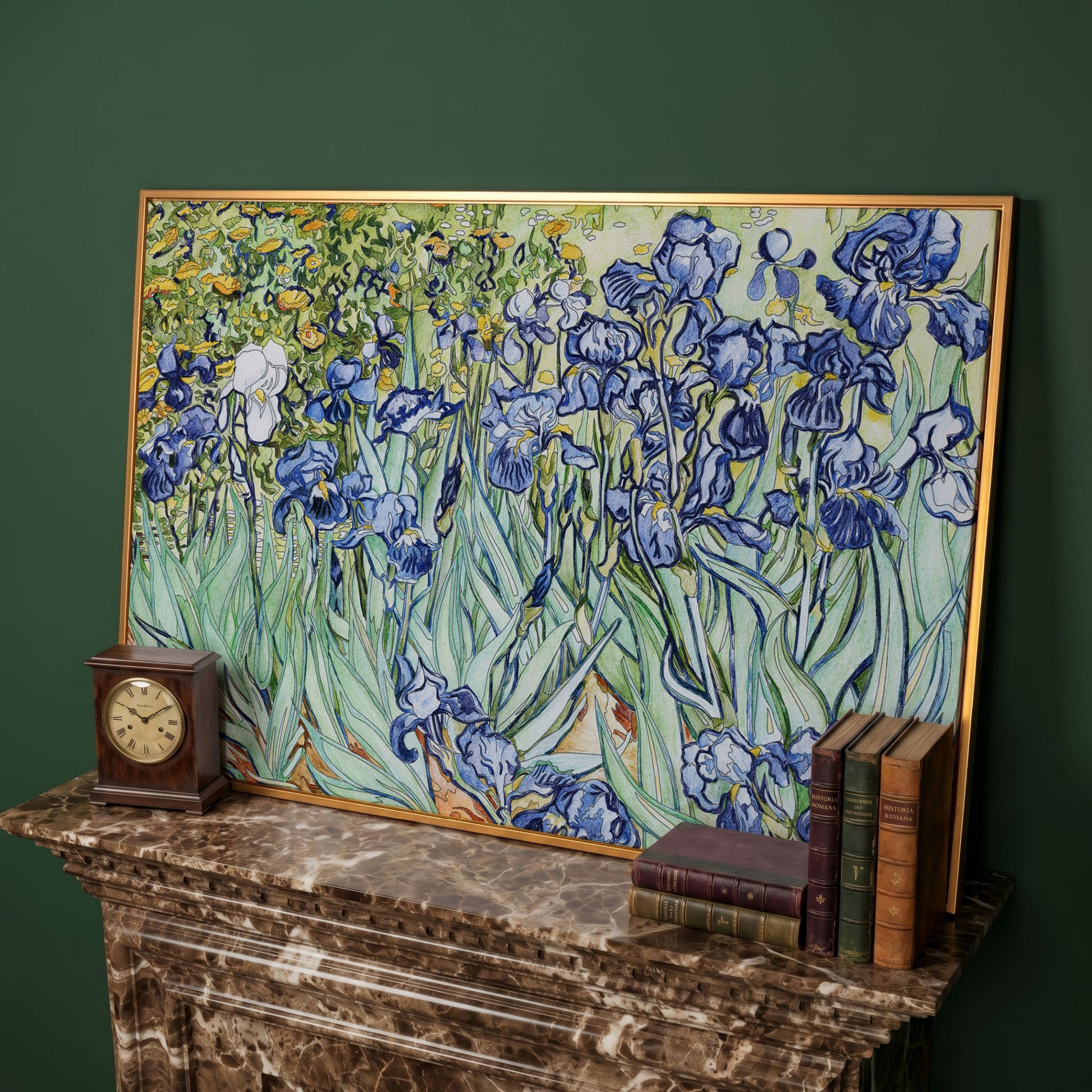 Van Gogh Irises Canvas Wall Art. Wildflower Field Print in antique gold floating frame