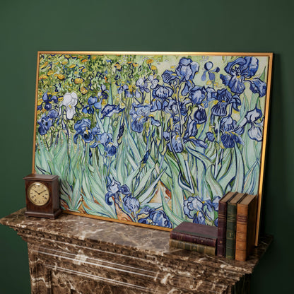 Van Gogh Irises Canvas Wall Art. Wildflower Field Print in antique gold floating frame