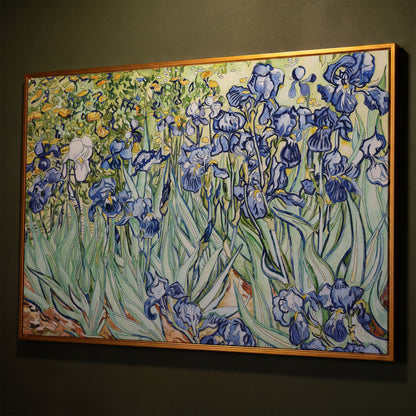 Van Gogh Irises Canvas Wall Art. Wildflower Field Print shown in antique gold floating frame