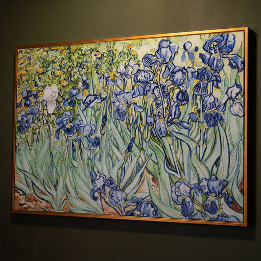 Van Gogh Irises Canvas Wall Art. Wildflower Field Print shown in antique gold floating frame