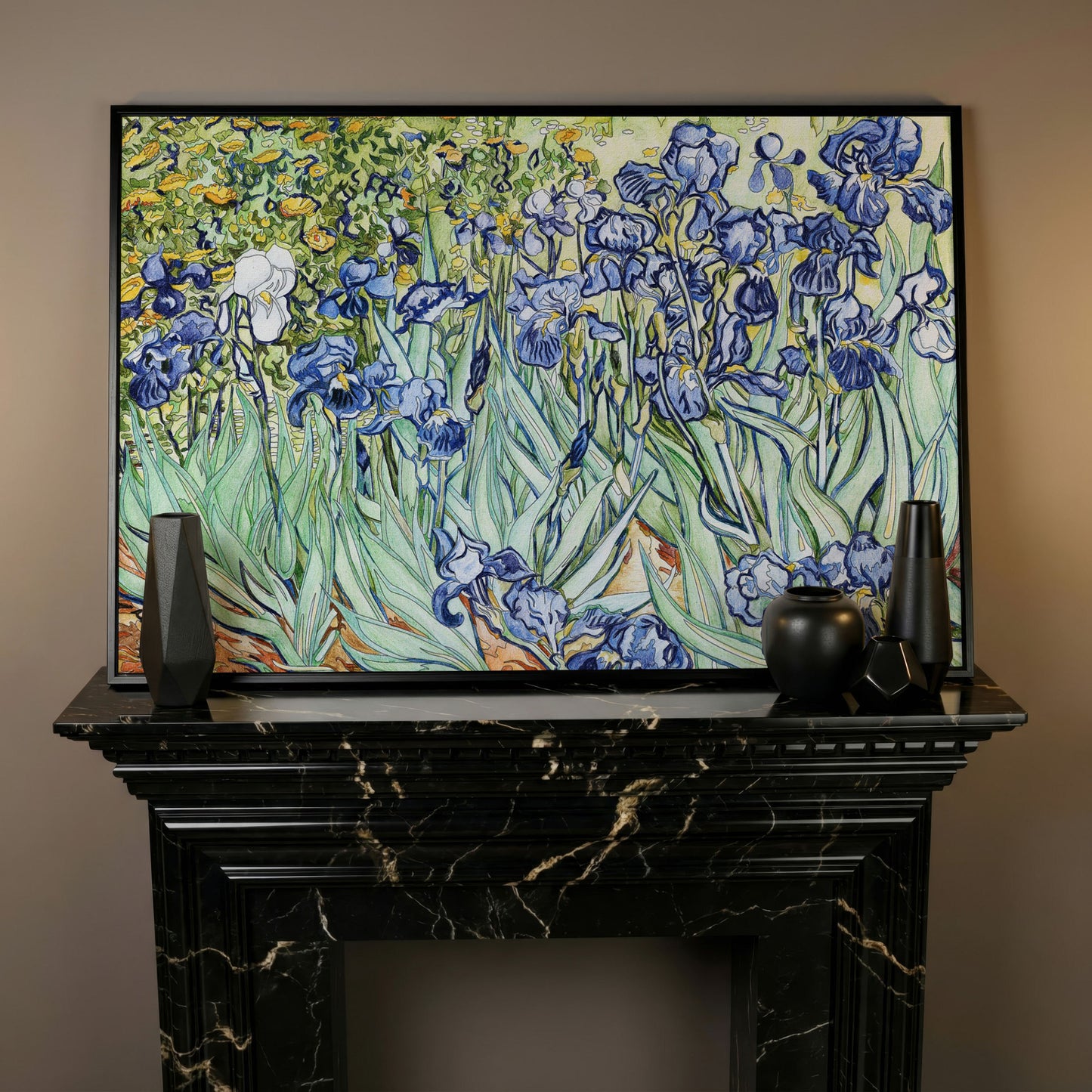 Van Gogh Irises Canvas Wall Art. Wildflower Field Print in black floating frame