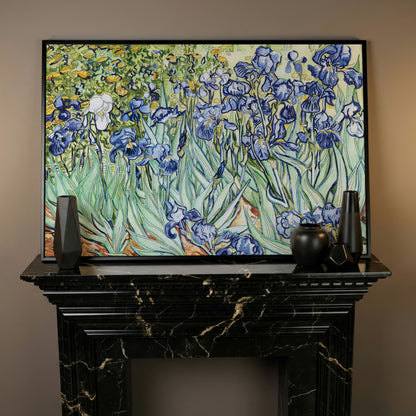 Van Gogh Irises Canvas Wall Art. Wildflower Field Print in black floating frame