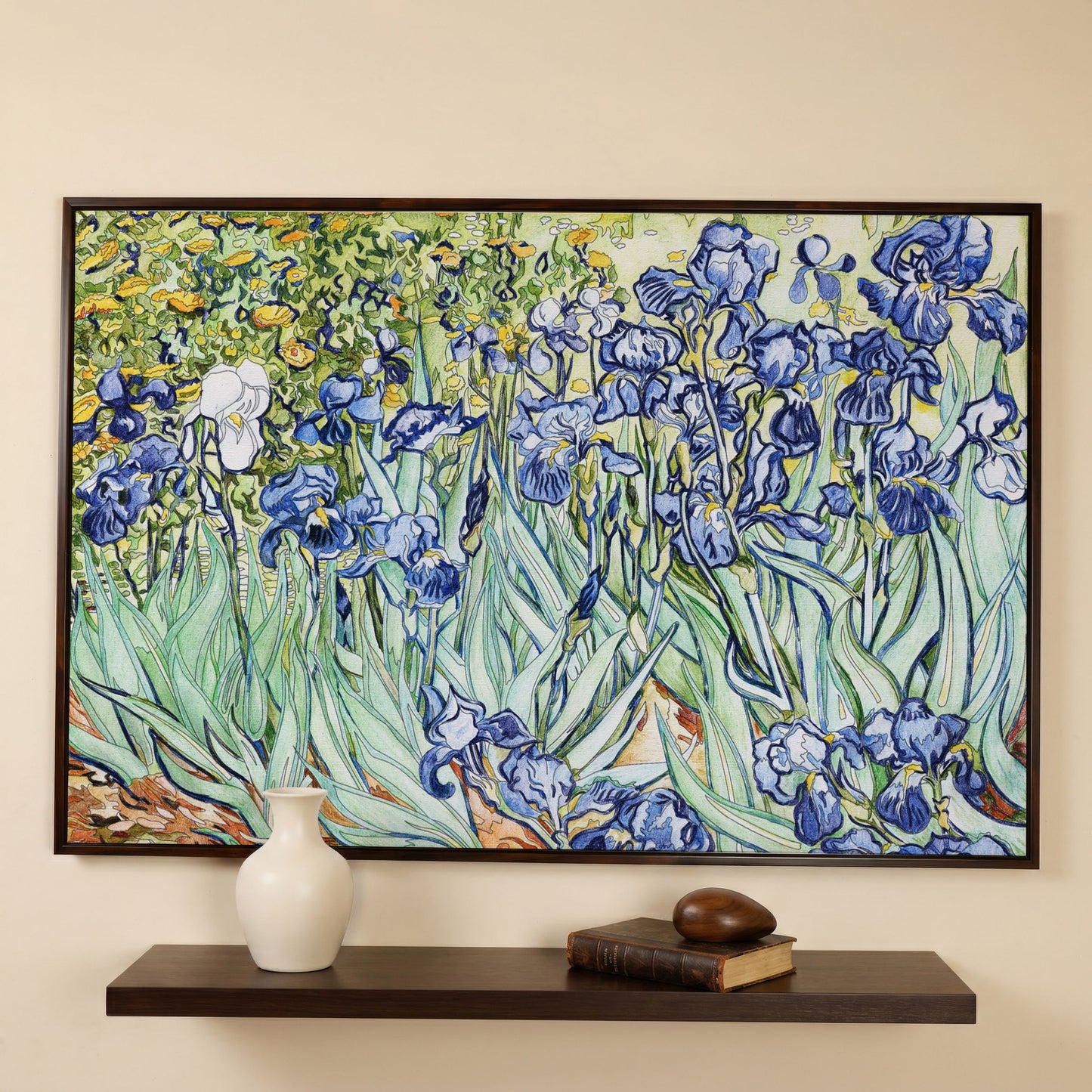 Van Gogh Irises Canvas Wall Art. Wildflower Field Print in dark walnut floating frame