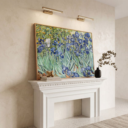 Van Gogh Irises Canvas Wall Art. Wildflower Field Print in white oak floating frame