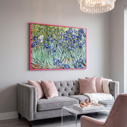 Van Gogh Irises Canvas Wall Art. Wildflower Field Print in pink floating frame