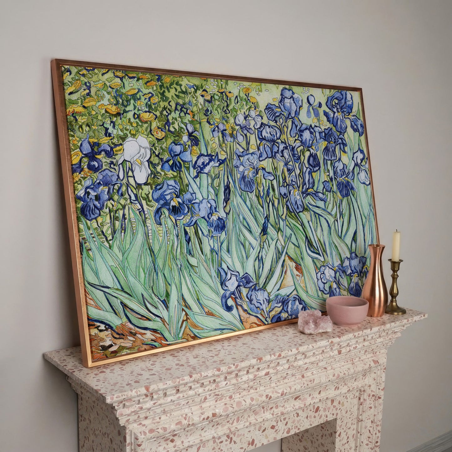 Van Gogh Irises Canvas Wall Art. Wildflower Field Print in rose gold floating frame
