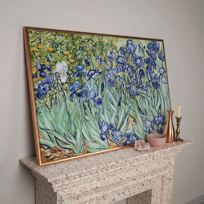 Van Gogh Irises Canvas Wall Art. Wildflower Field Print in rose gold floating frame