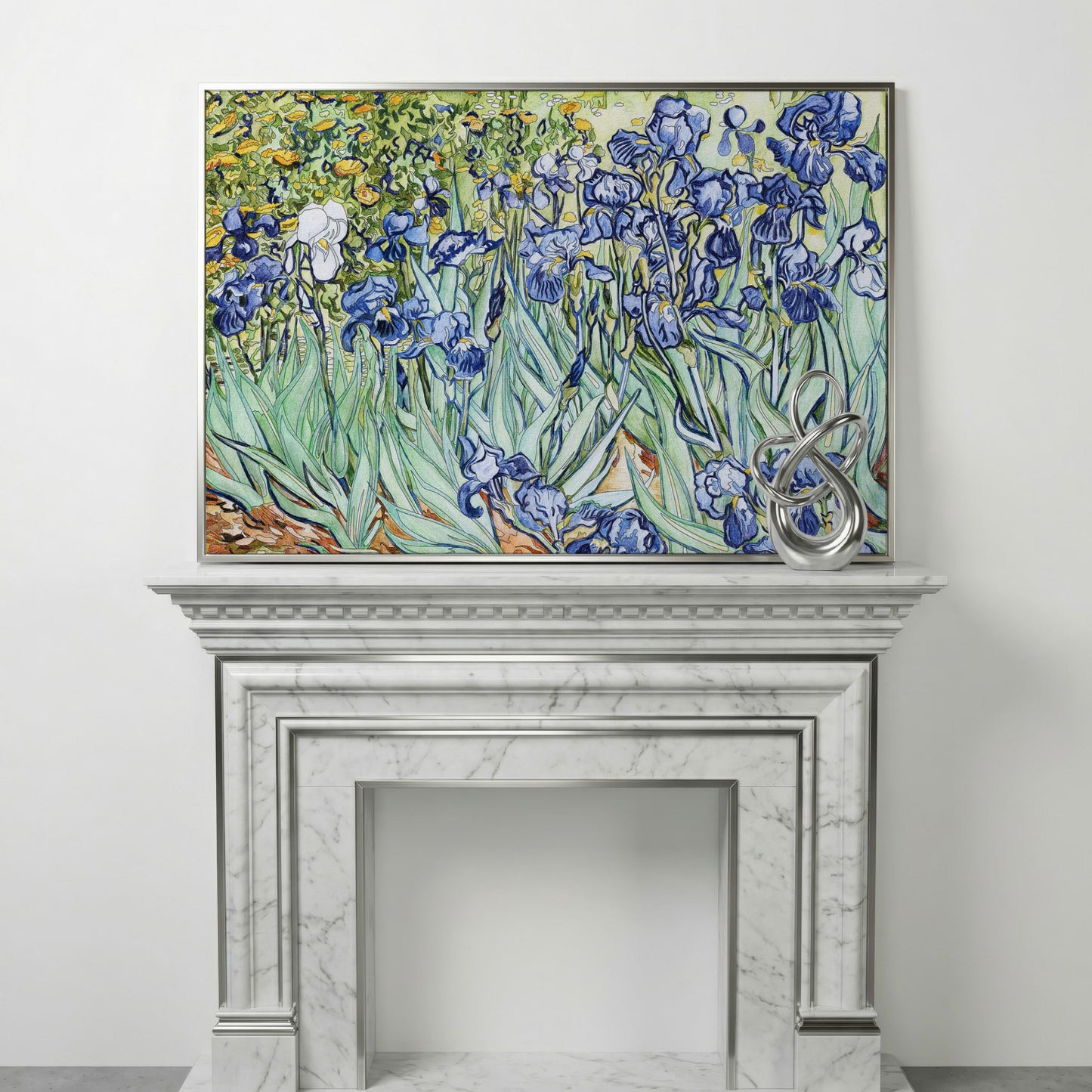 Van Gogh Irises Canvas Wall Art. Wildflower Field Print in silver floating frame