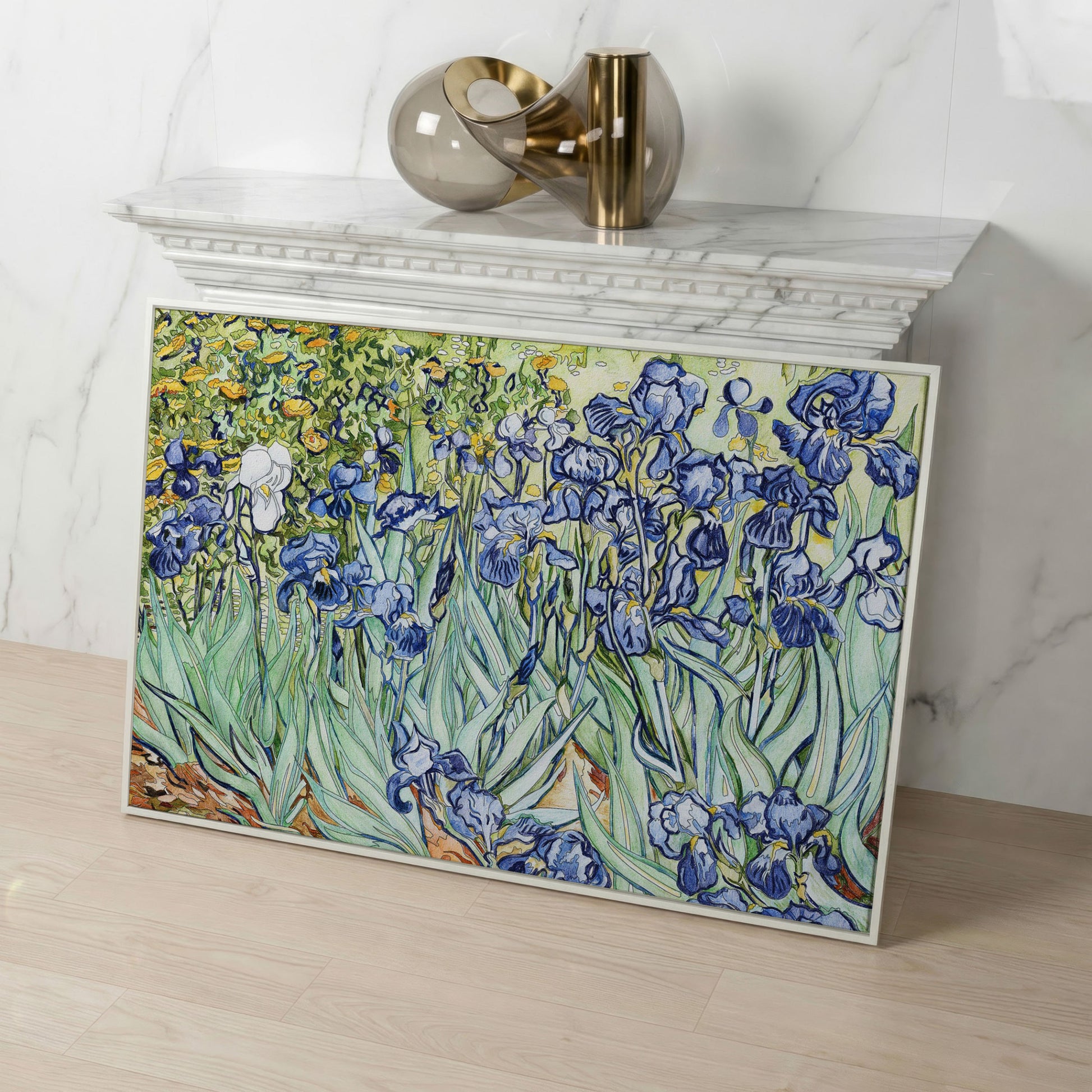 Van Gogh Irises Canvas Wall Art. Wildflower Field Print in white floating frame