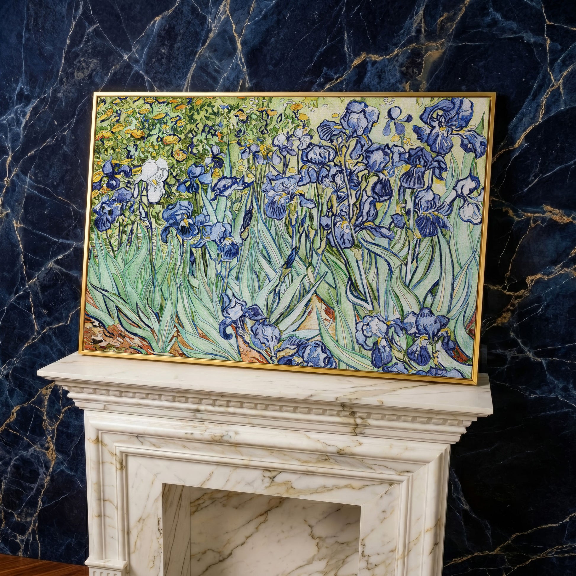 Van Gogh Irises Canvas Wall Art. Wildflower Field Print in yellow gold floating frame