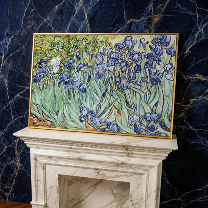 Van Gogh Irises Canvas Wall Art. Wildflower Field Print in yellow gold floating frame