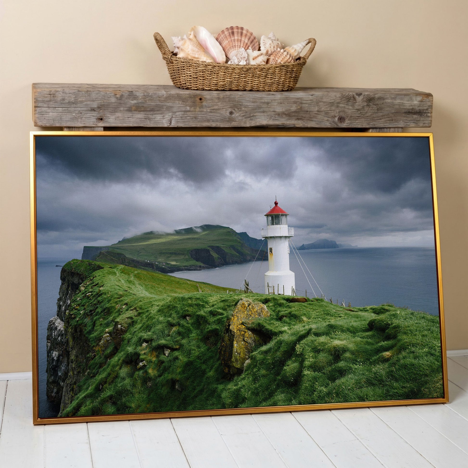 White Lighthouse on a Stormy Cliff, Coastal Canvas Wall Art in antique gold floating frame