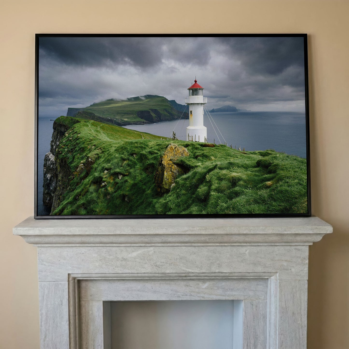 White Lighthouse on a Stormy Cliff, Coastal Canvas Wall Art in black floating frame