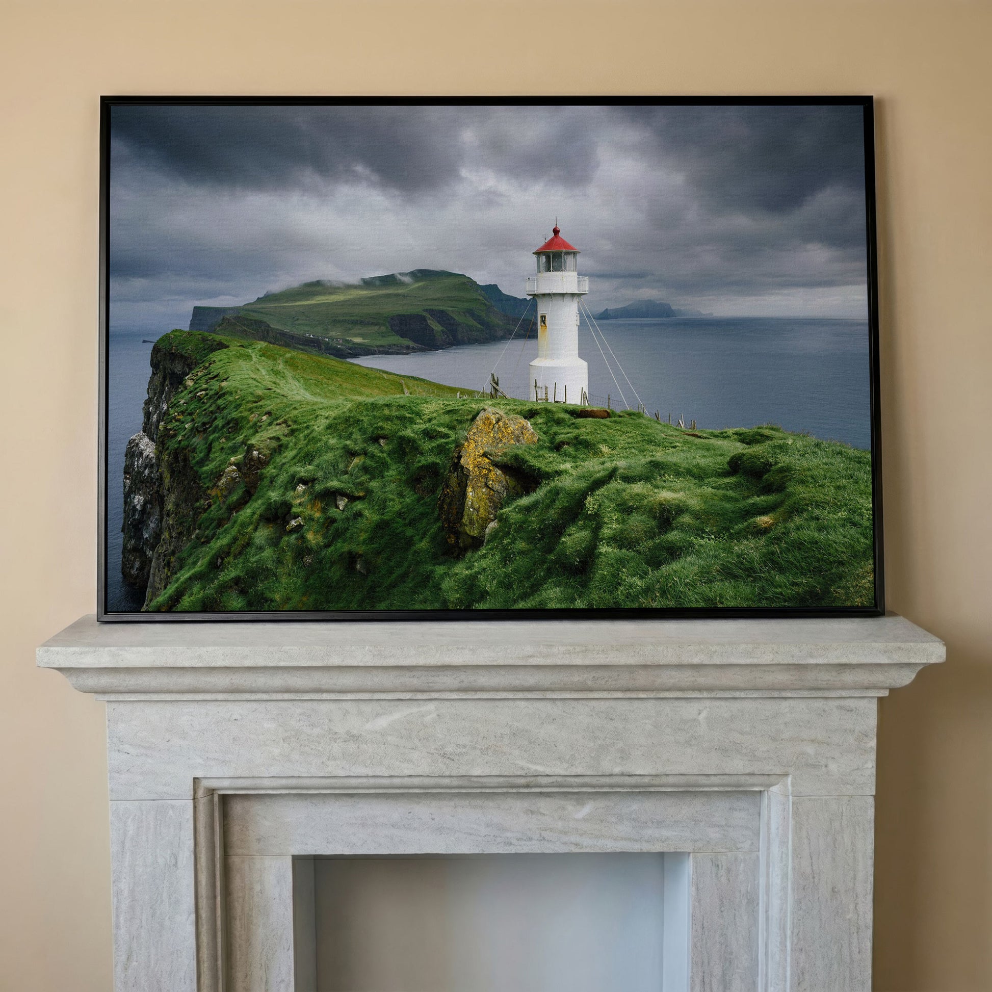 White Lighthouse on a Stormy Cliff, Coastal Canvas Wall Art in black floating frame
